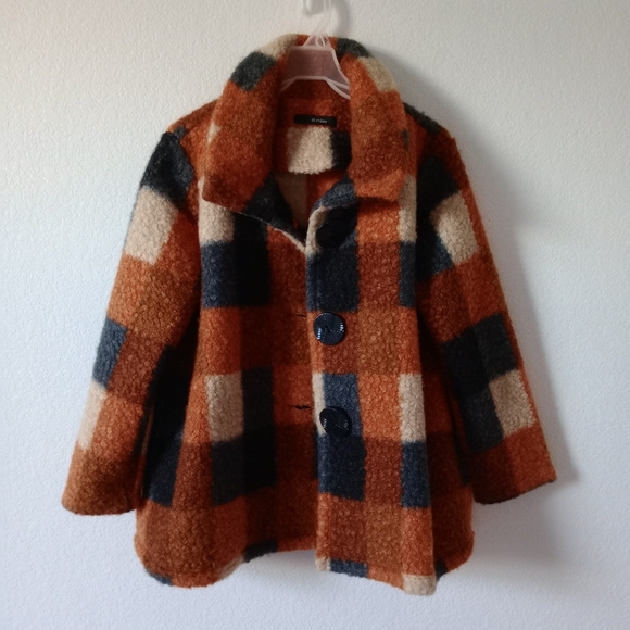 Ali Miles Women's Large Buffalo Plaid 3/4 sleeve Fuzzy Peacoat - Picture 3 of 12